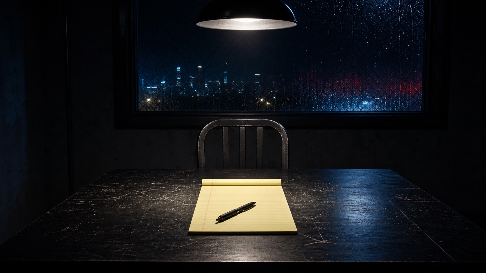 A blank yellow legal pad and black pen beneath a single interrogation-room lamp